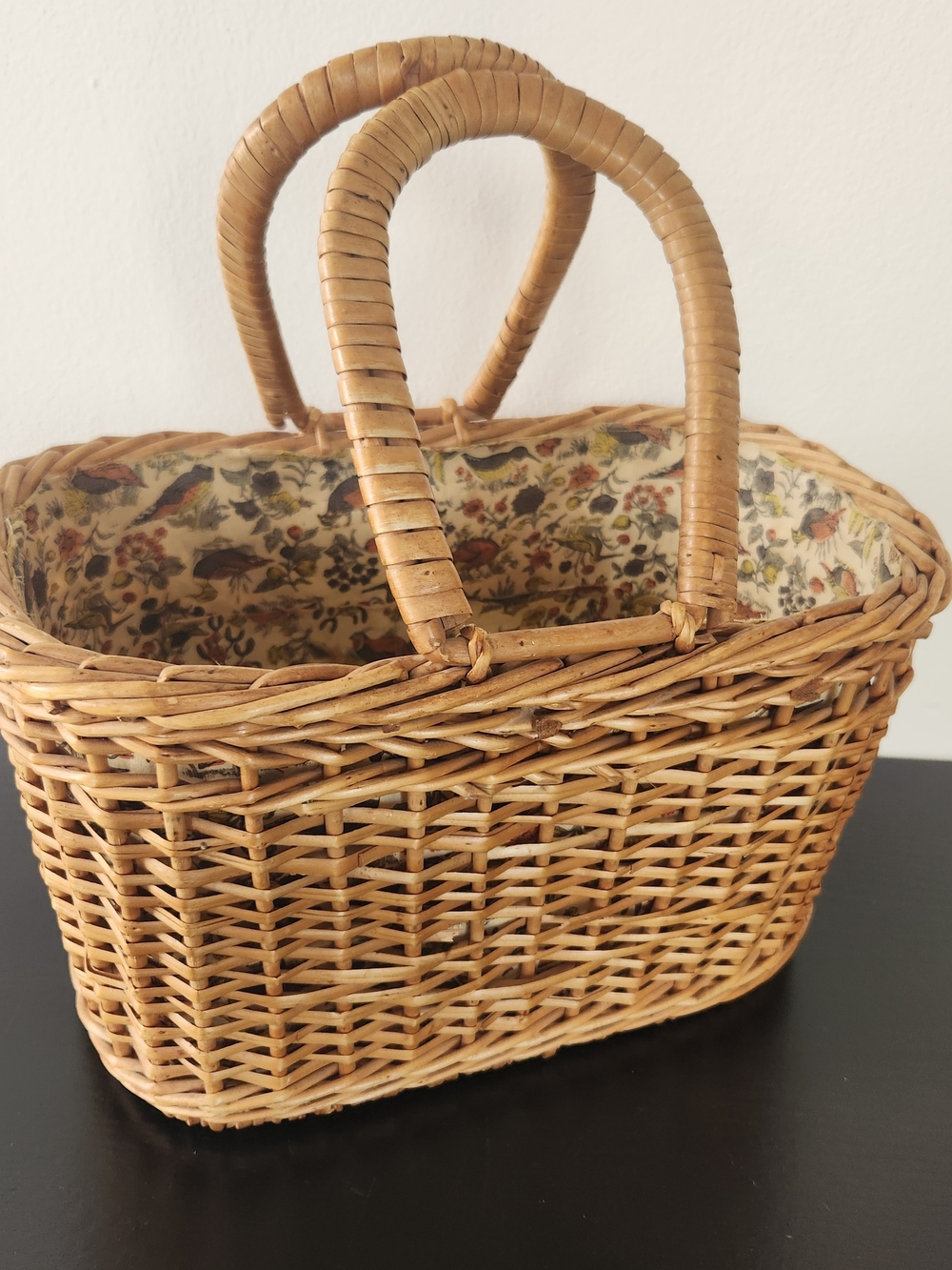 Vintage Handmade Woven Rattan Basket Tote in Natural Brown with Bird Liner